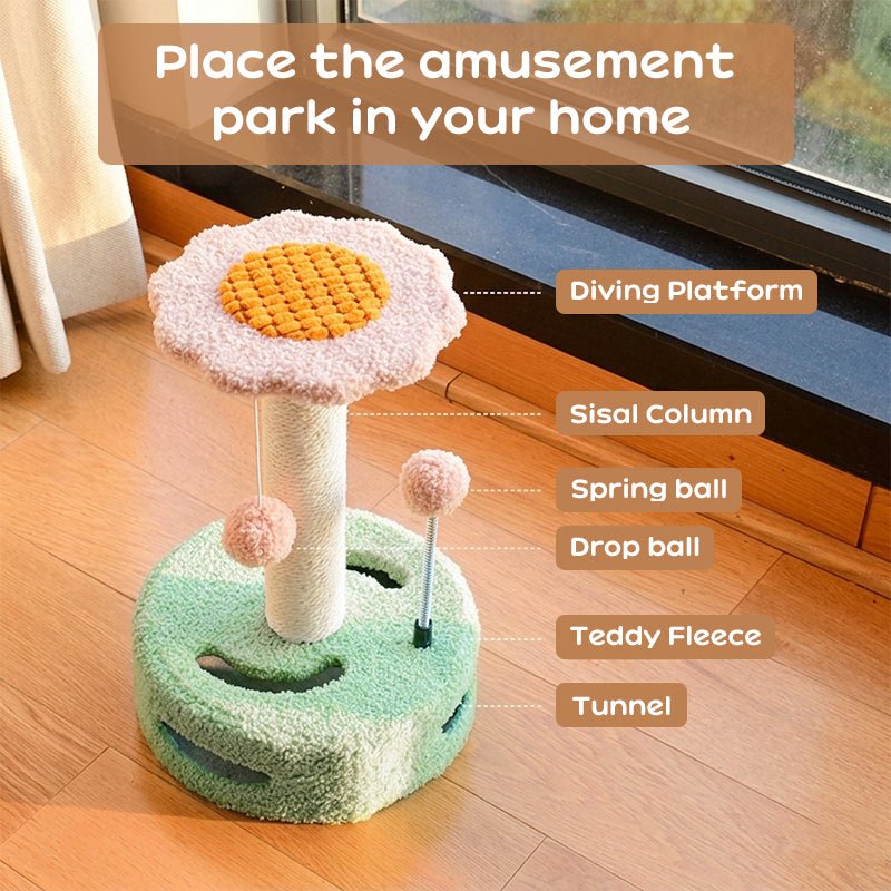Sunflower Cat Tree – Small Cat Climbing Tower with Scratch Posts & Ball Toy - Tail Tales